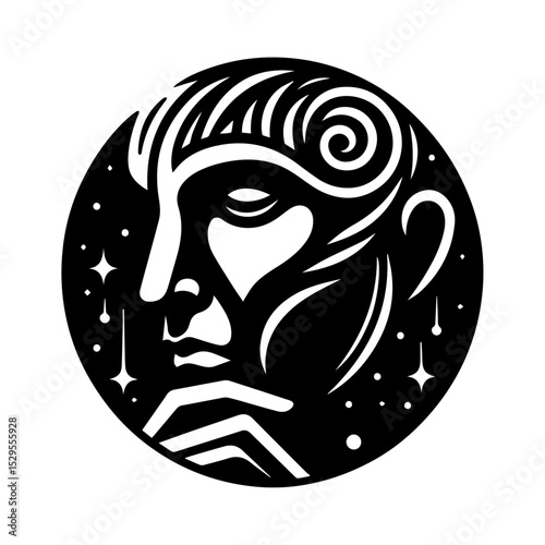 A black vector image of a human face in a contemplative mood.