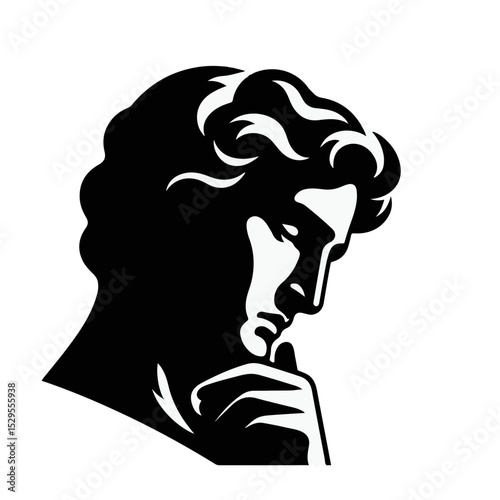 A black vector image of a human face in a contemplative mood.
