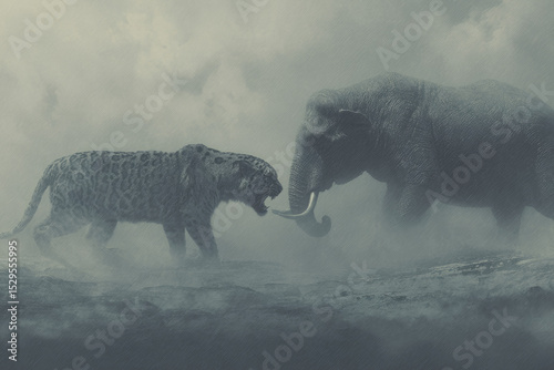 Prehistoric scene showing fierce confrontation between saber toothed cat and large elephant like mammal in misty, foggy environment, evoking tension and ancient wildlife drama photo