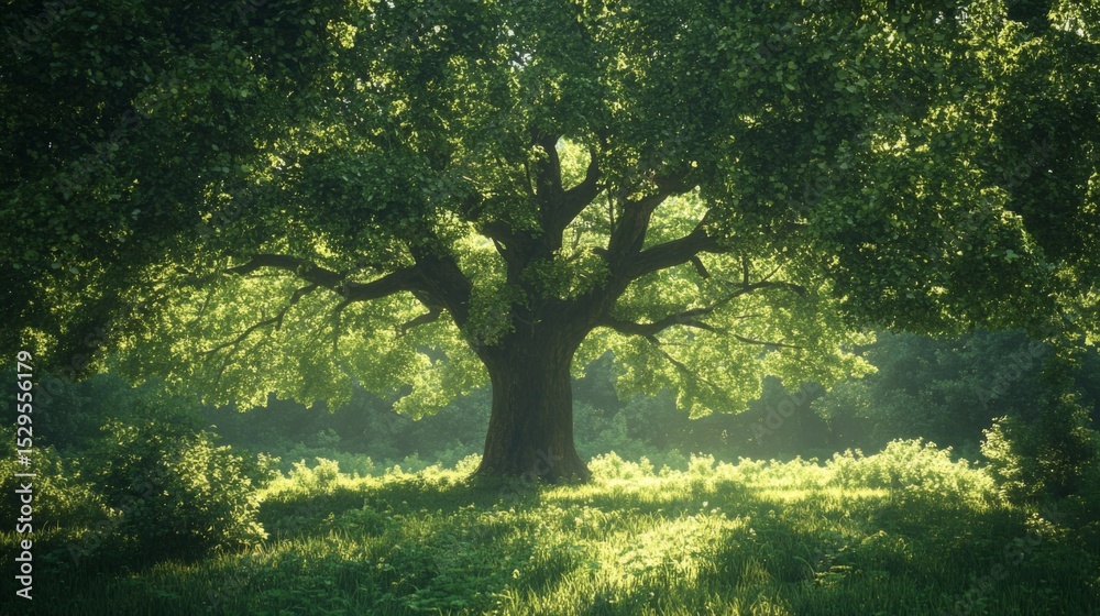 Fototapeta premium Large Green Tree in Sunlit Forest Clearing