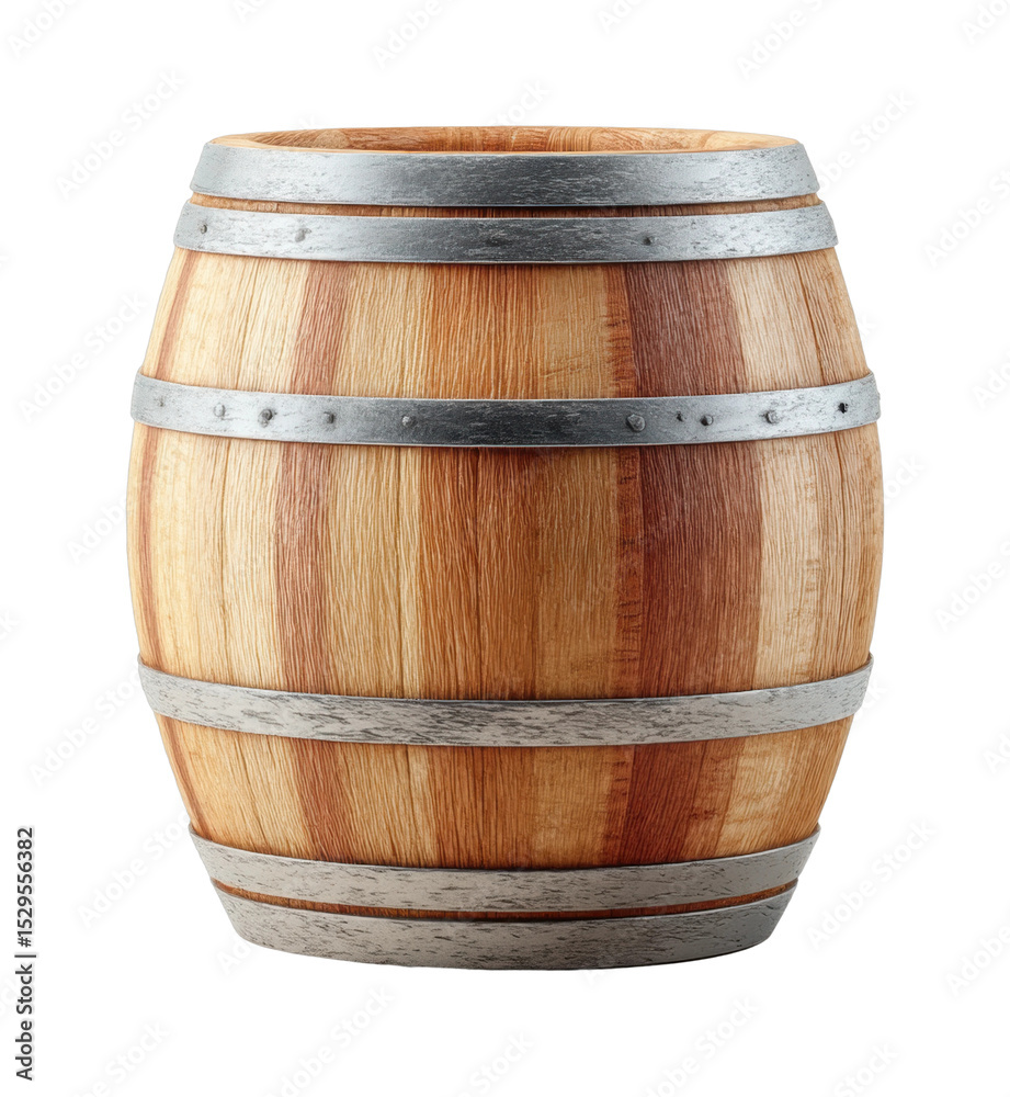 Fototapeta premium PNG Wooden barrel with metal bands for storage and decoration