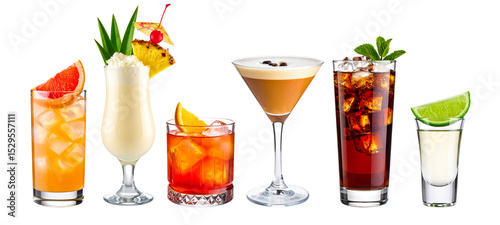 Set of cocktails including pina colada, sex on the beach, negroni, espresso martini, cuba libre and tequila shot on transparent background