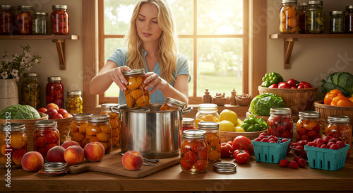 Woman canning fruits and vegetables