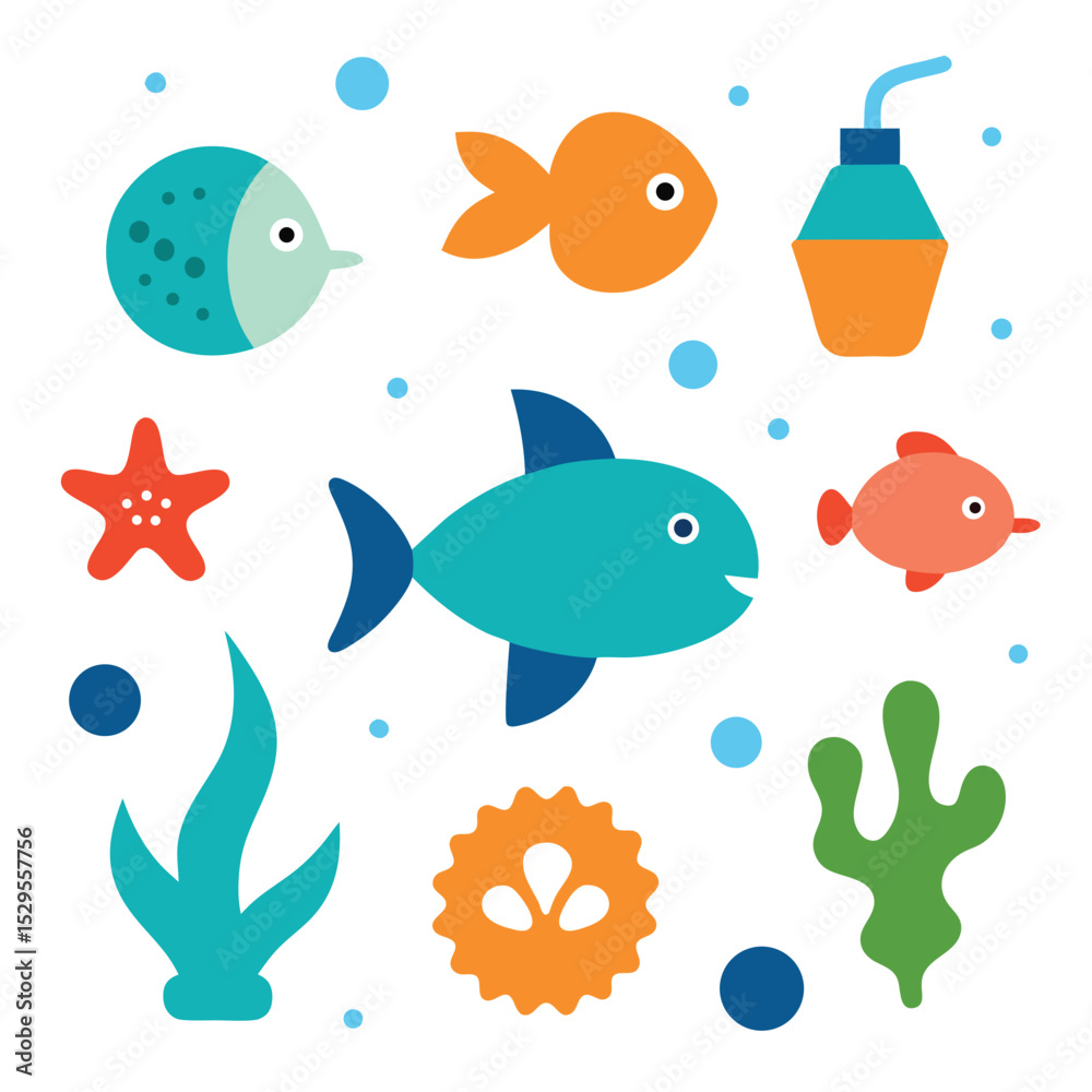 Naklejka premium aquarium set of vector doodle icon on transparent background
