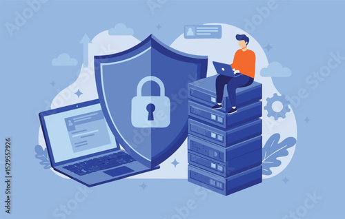 Cybersecurity Protection Flat Illustration of Data Security and Online Privacy, Featuring a Person Working on Secure Servers with a Protective Shield