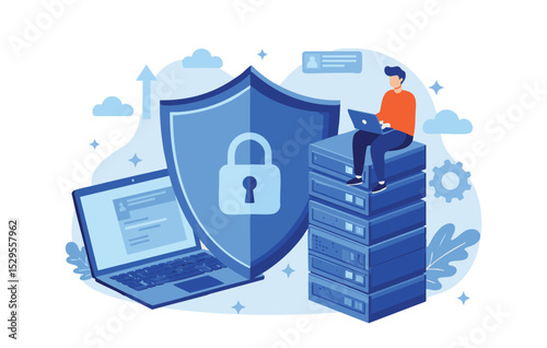 Cybersecurity Protection Flat Illustration of Data Security and System Protection with Server and Laptop