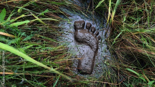 Footprint in Muddy Water with Grass on Marshland