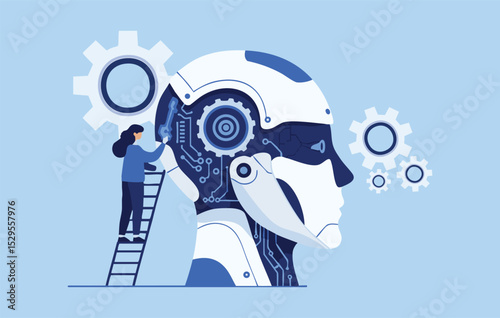 Flat Illustration  AI Development,  Innovative Technology,  Futuristic Robot Design,  Human Interaction with Artificial Intelligence,  Conceptual Illustration of Progress, Machine learning, prompt eng