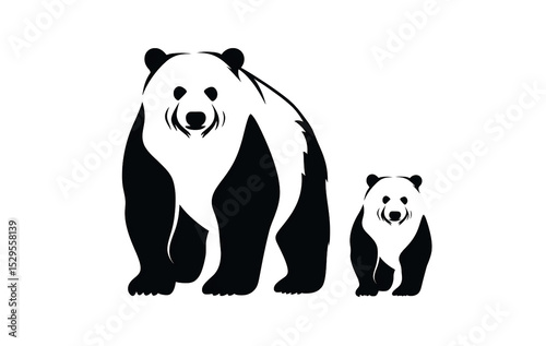 Mother bear with cubs, black and white, white background