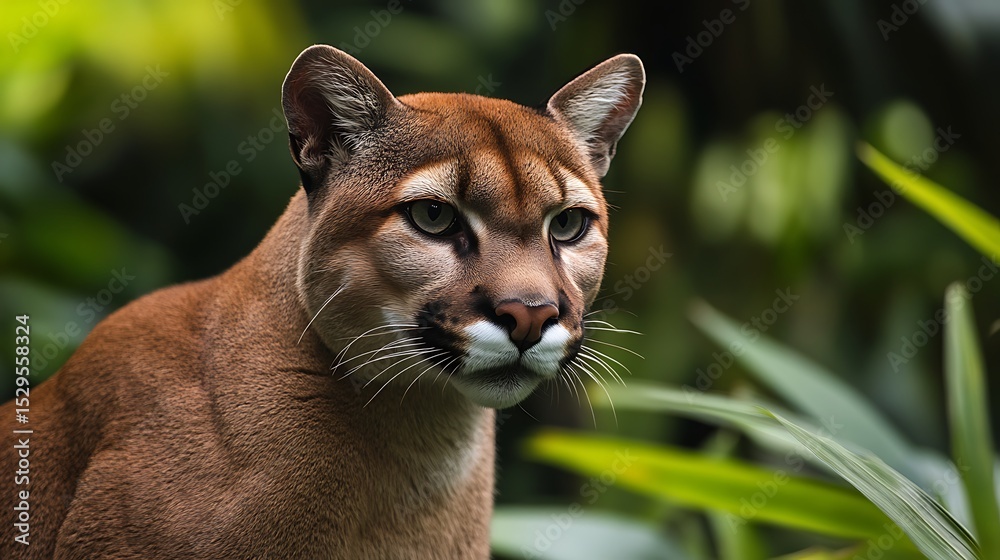 Obraz premium Cougar Portrait in Lush Greenery a Captivating Wildlife Encounter