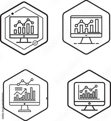 Line art icon of a bar and line chart on a screen, symbolizing business analytics or data dashboard, modern flat style PNG, JPEG and EPS for app and web application.