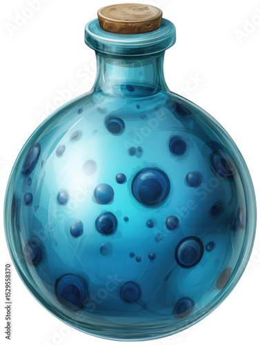 Blue Potion in a Round Bottle with Cork Stopper and Bubbles