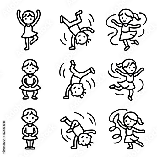 9 icons: ballet poses, breakdancing, group dances, ribbon twirling. Emphasize movement and joy.