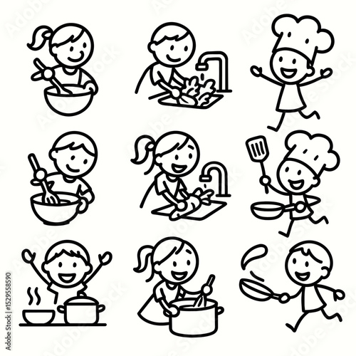 9 Cooking Fun icons: mixing bowls, baking cookies, washing veggies, kid chefs with hats. Playful kitchen activities.