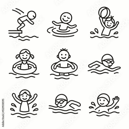 9 Swimming Lessons icons: floating, diving, pool games, swim strokes, inflatable toys. Focus on water safety and playful splashes.