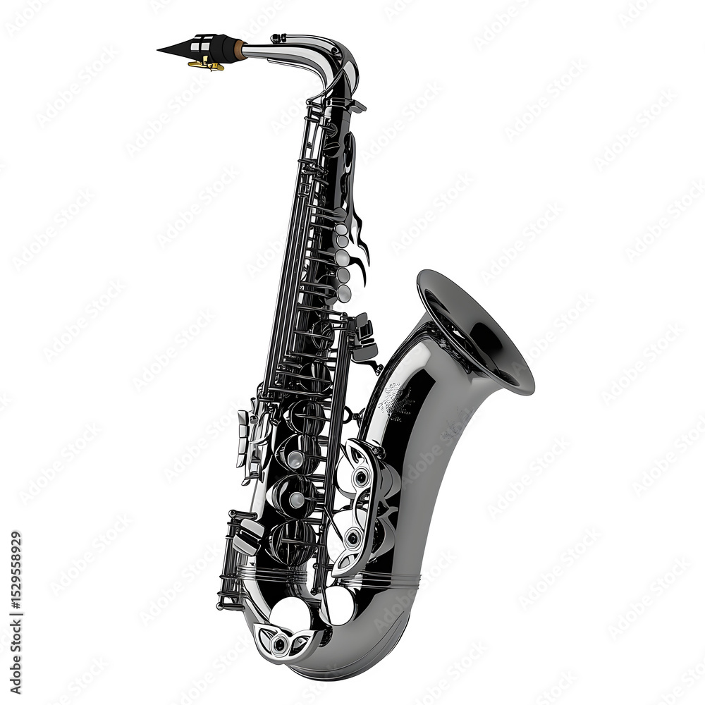 Obraz premium a hyper-realistic alto saxophone with matte-black nickel isolated on pure white background subtle soft shadow clean studio lighting ultra-high detail image stock render stock image stock image