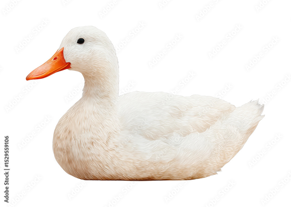 PNG White duck sitting calmly with orange beak and detailed feather texture PNG White duck sitting calmly with orange beak and detailed feather texture