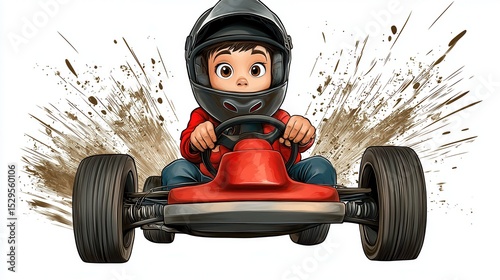 Enthusiastic Child Driving Red Go Kart Wearing Black Helmet Amid Mud Splatter Illustration