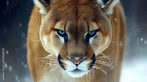 Cougar Staring Intensely in Winter Snow Close Up Portrait