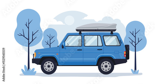 Blue suv with a roof box is parked in a scenic landscape with trees and a cloudy sky isolated on white background