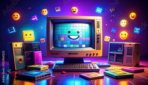 Retro computer setup with smiley faces, vibrant 80s style, and neon highlights
