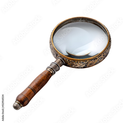 Antique-style magnifying glass with vintage handle design isolated on a transparent background photo