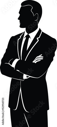 Vector illustration of a businessman in a suit, standing with his back to the viewer, a black silhouette of a person