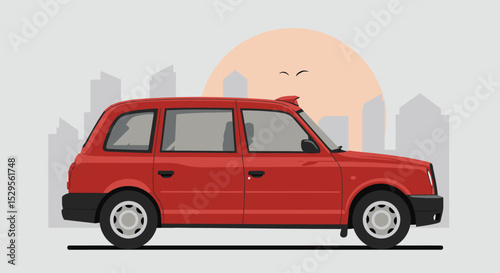 A red london taxi cab is shown in front of a city skyline and a large sun isolated on white background