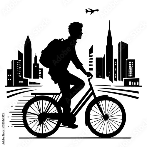 A black and white silhouette of a man riding a bicycle in a big city on a white background. vector graphics. EPS.