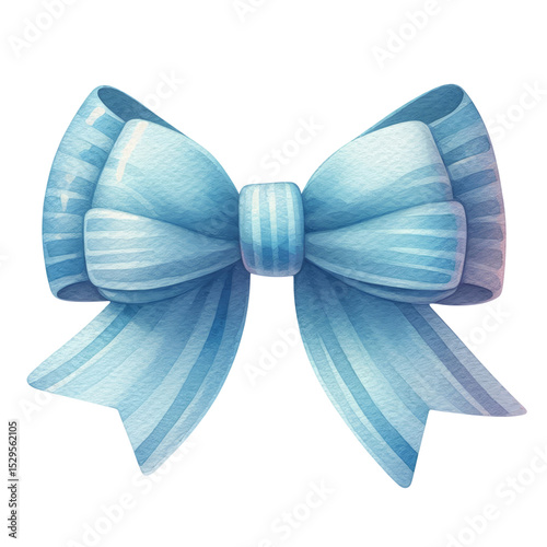 A watercolor sticker featuring a blue ribbon bow with long tails and a clean white border, isolated on a transparent background. 