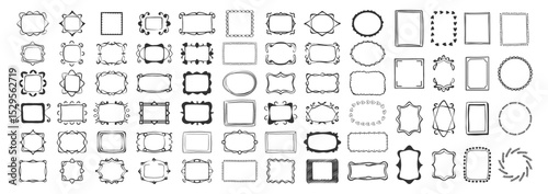 Hand drawn vintage frame set, doodle, wavy, squiggly minimalist borders for wedding invitations, birthday cards, social media templates. Vector illustration