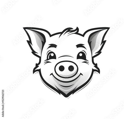 Modern black and white cute pig face for design. White background.