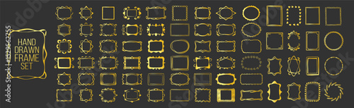 Hand drawn golden vintage frame set, doodle, wavy, squiggly minimalist borders for wedding invitations, birthday cards, social media templates. Vector illustration