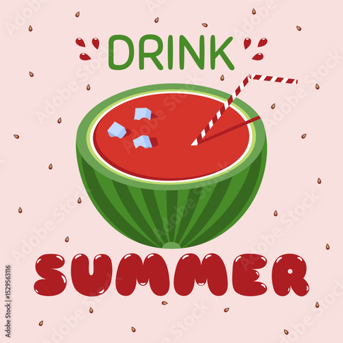 Summer Background Drink Summer with Watermelon Cup. Watermelon Drink with Straw and Ice on Pink Background. Tropical Fruit Design for Banner, Poster or Invitation. Vector Illustration