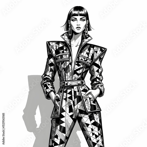 Black and White Line Art Illustration of Woman in Geometric Patterned Power Suit