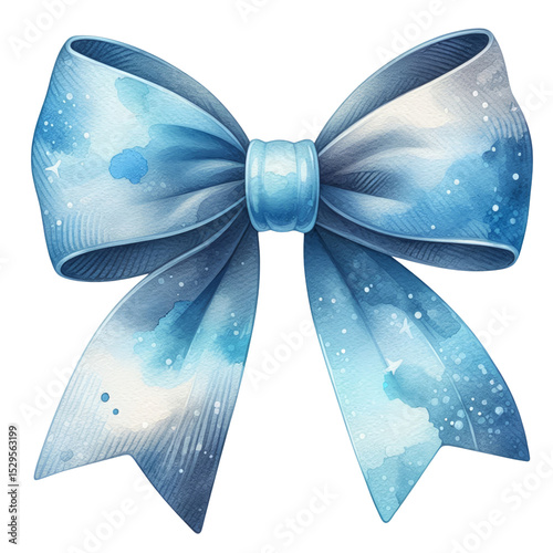 Blue ribbon bow with long tails. Watercolor sticker with white border isolated on transparent background. Gift decoration and wrapping element. Holiday and celebration concept for design and print