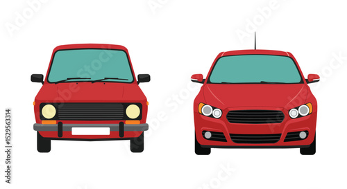 Two red cars one vintage and one modern are isolated on white background in a front view comparison