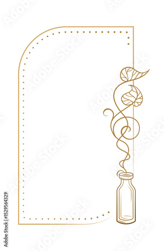 Rectangular vertical herbal vintage style frame with tall vial and delicate plant outline vector