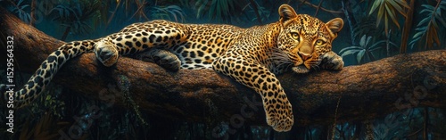 A leopard lounges gracefully on a sturdy tree branch, its golden eyes fixed intently on its surroundings