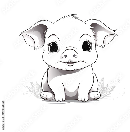 Cute and cheerful cartoon piggy, white background