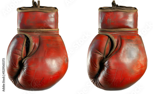 Pair of old red boxing gloves , isolated on transparent background, png
