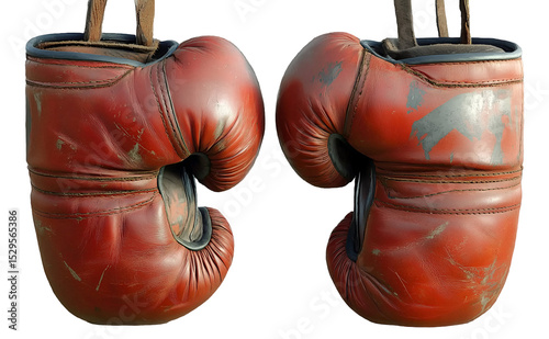 Pair of old red boxing gloves , isolated on transparent background, png