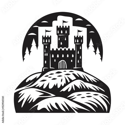 Silhouetted castle majestically sits atop a hill with flanking forest under a moonlit night sky