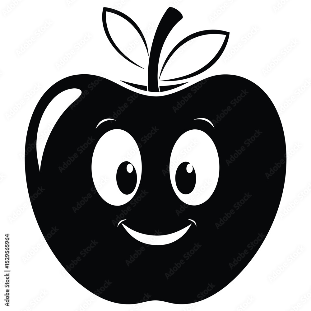 Fototapeta premium A cartoon apple character smiles, its black silhouette creating a simple yet expressive design