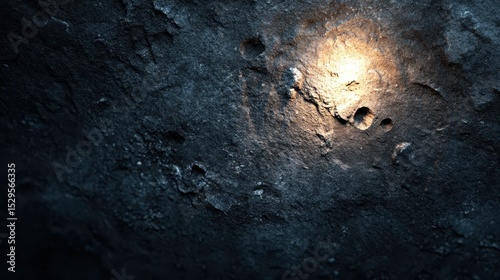 An intricately detailed close-up of a stone surface illuminated by a soft glow, showcasing natural textures and shadows that evoke a sense of timelessness and earthiness.