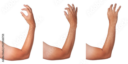 Male asian hand gestures isolated over the white background. Holding small thing.