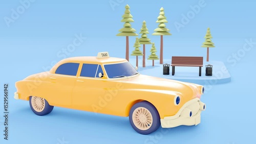 Car traffic. A taxi approaches a stop, stops and drives on. Looped 3D animation in low poly style