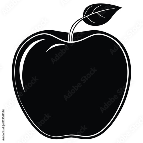 An isolated black apple silhouette with a distinctive leaf presents simplistic food artwork