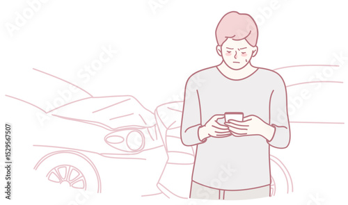 A man intently focuses on his smartphone while standing next to parked cars, showcasing modern distractions everywhere