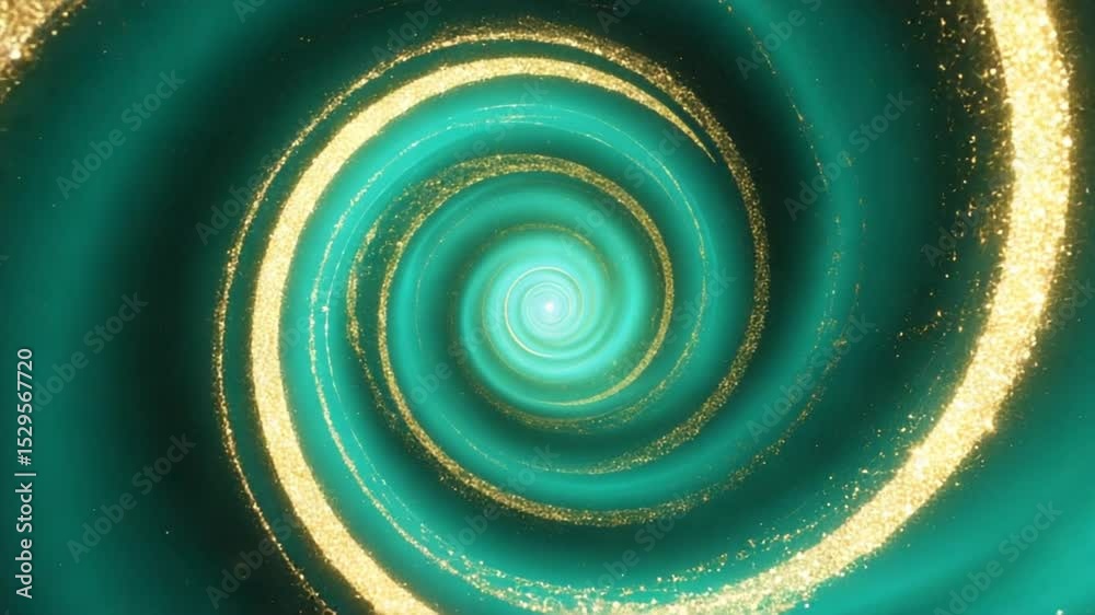 Abstract cosmic green space swirling golden stardust, sparkles nebula Blurred glitter stars twinkle fade. Fluid motion seamless loop. jade forest green gold accents. luxurious holiday atmosphere
